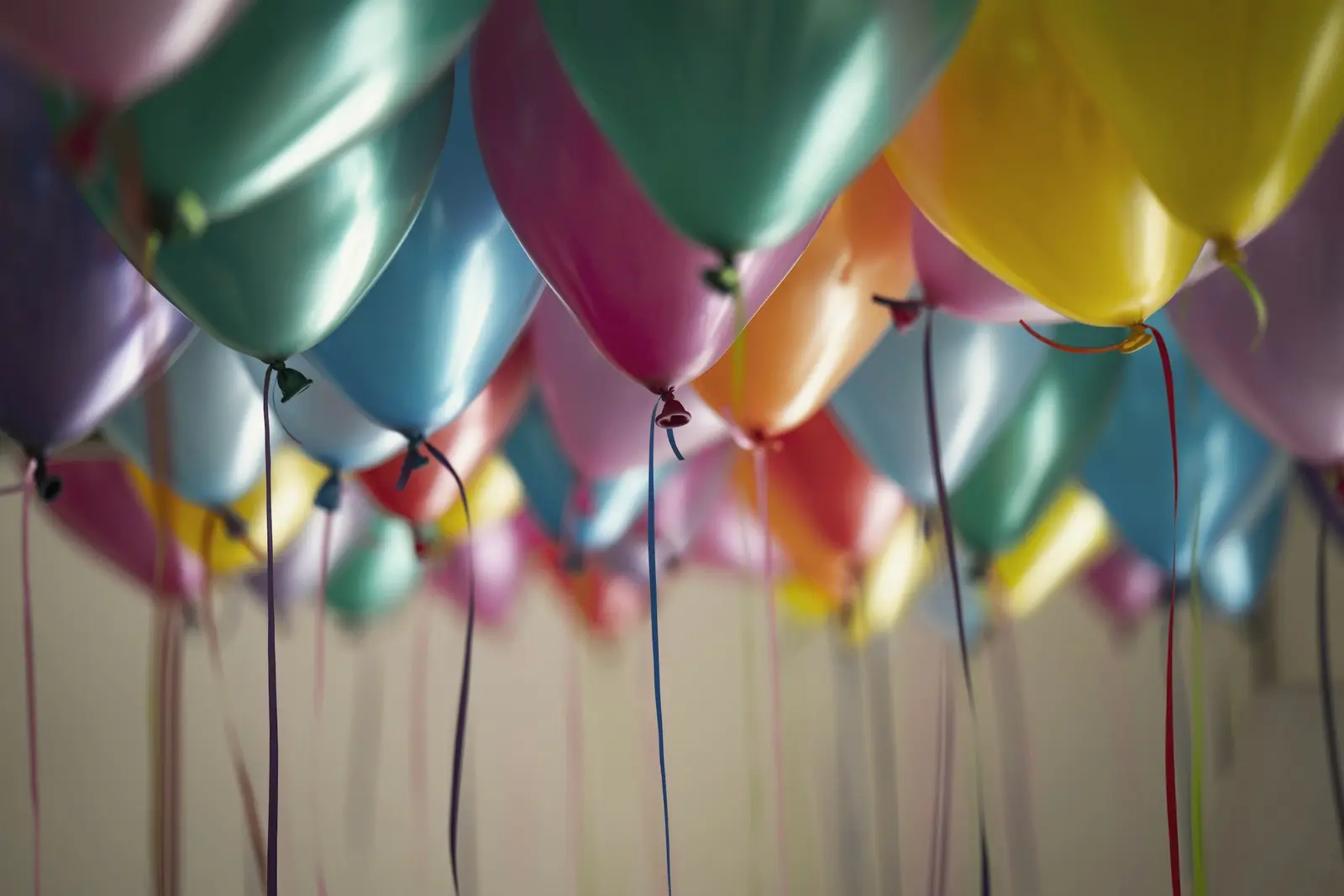 Colourful balloons against the ceiling