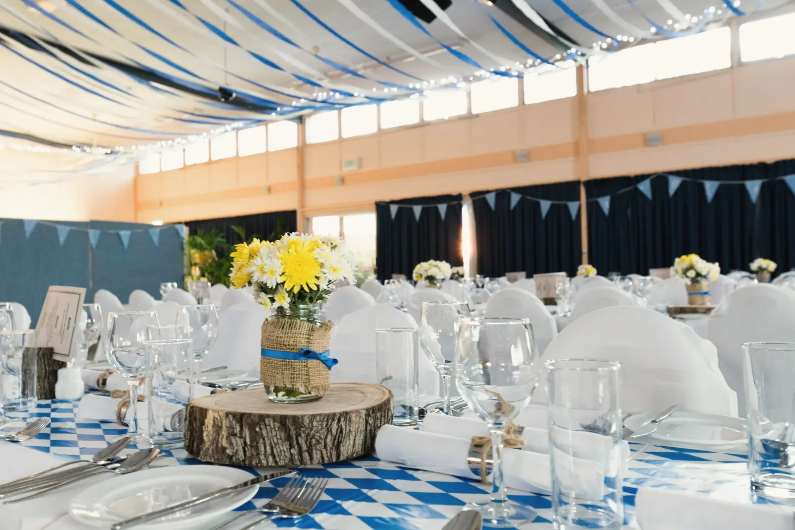 Bright banquet hall prepared for guests